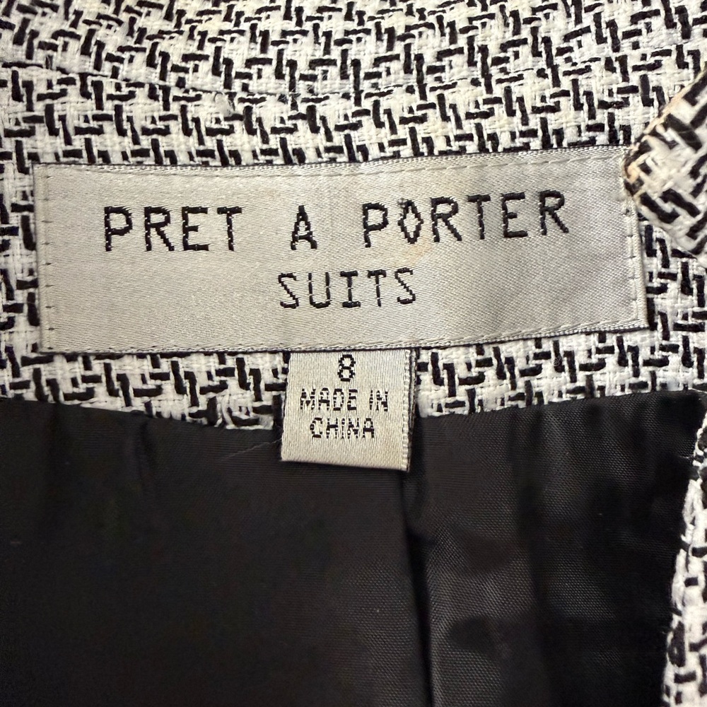Preta A Porter Black White Suit Jacket Blazer Tie Waist Size 8 - Picture 7 of 9